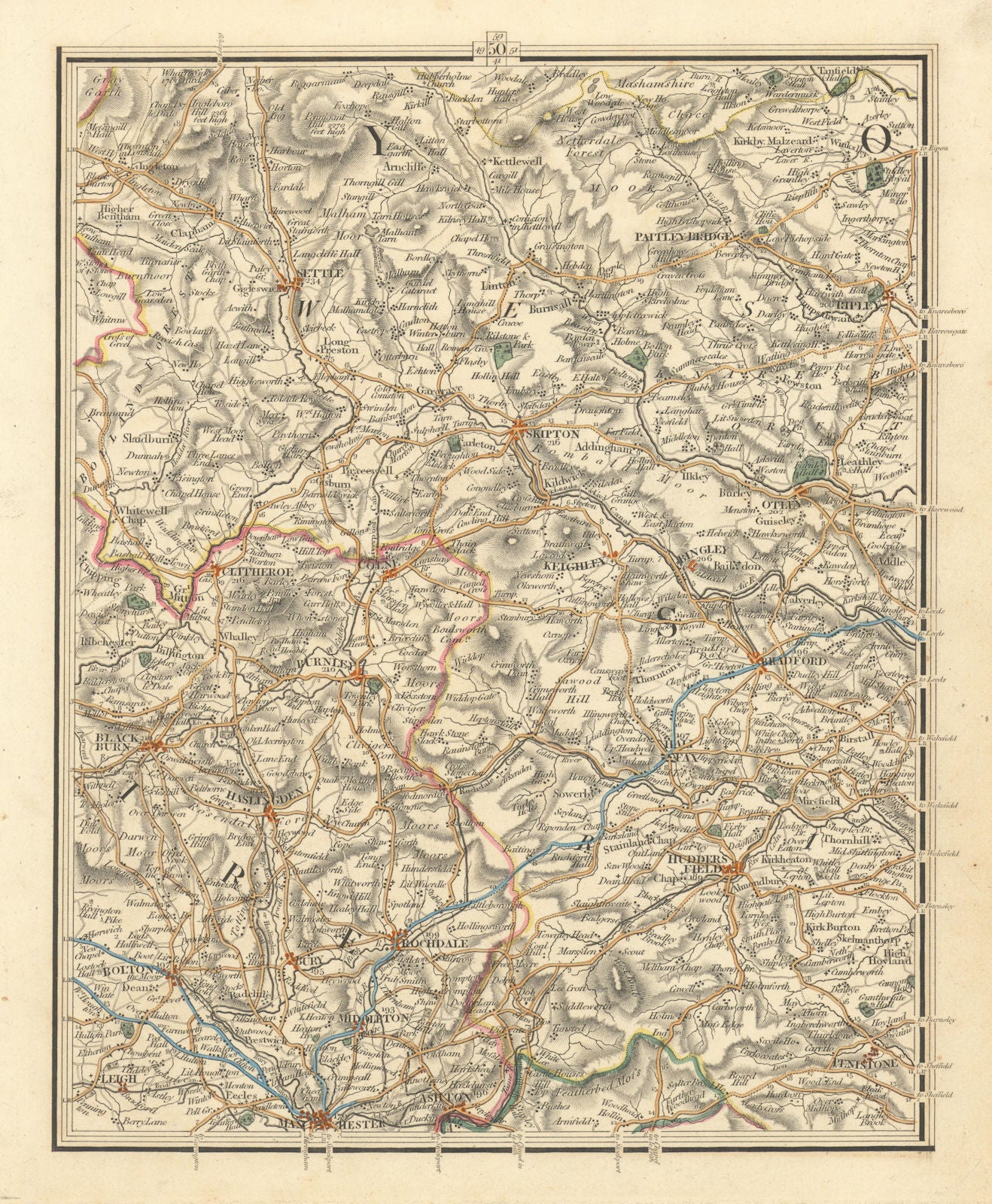 EAST LANCASHIRE/W YORKSHIRE.Manchester Bradford Blackburn Halifax.CARY 1824 map